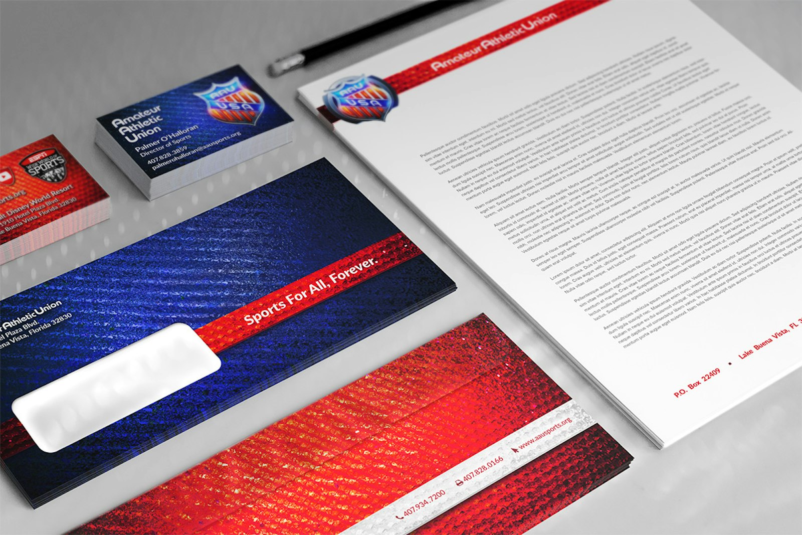 AAU branded stationary including business cards, envelopes and letterhead