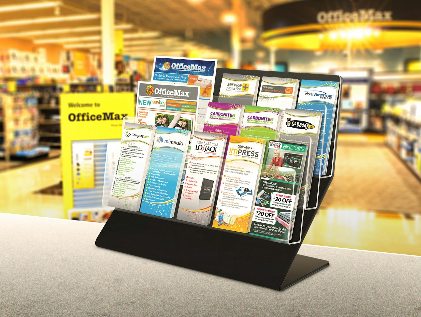 Various rack cards and flyers on display on sales counter